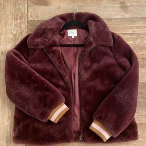 faux fur bomber jacket, revolve, J.O.A. color wine, L, only worn a few times